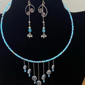Beaded Blue and Silver  Chocker Necklace Earring Set